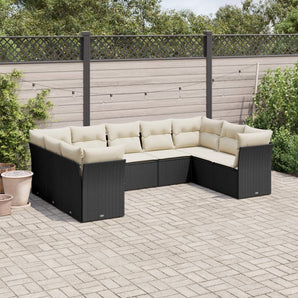 Set mobilier de grădină cu perne, 9 piese, negru, poliratan