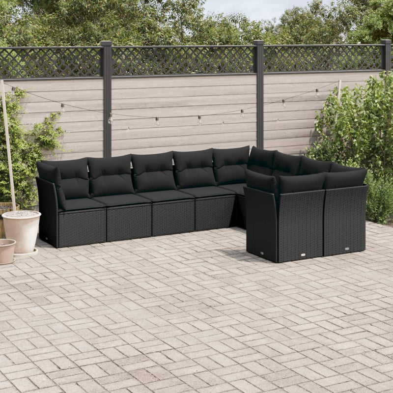 Set mobilier de grădină cu perne, 9 piese, negru, poliratan