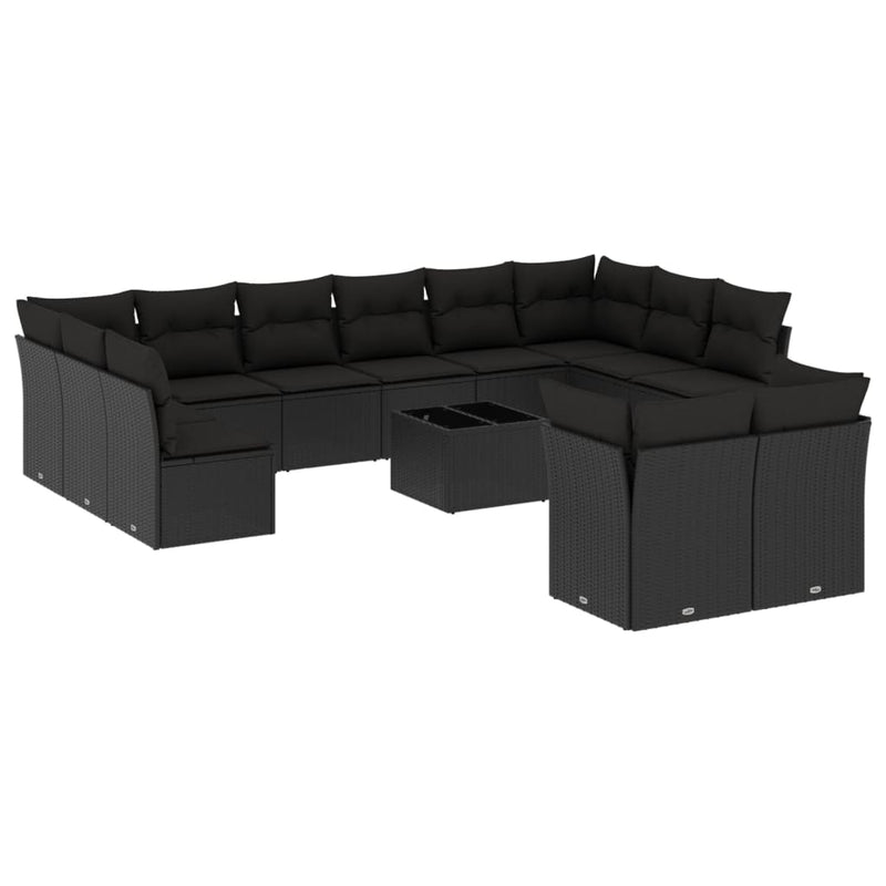 Set mobilier de grădină cu perne, 13 piese, negru, poliratan