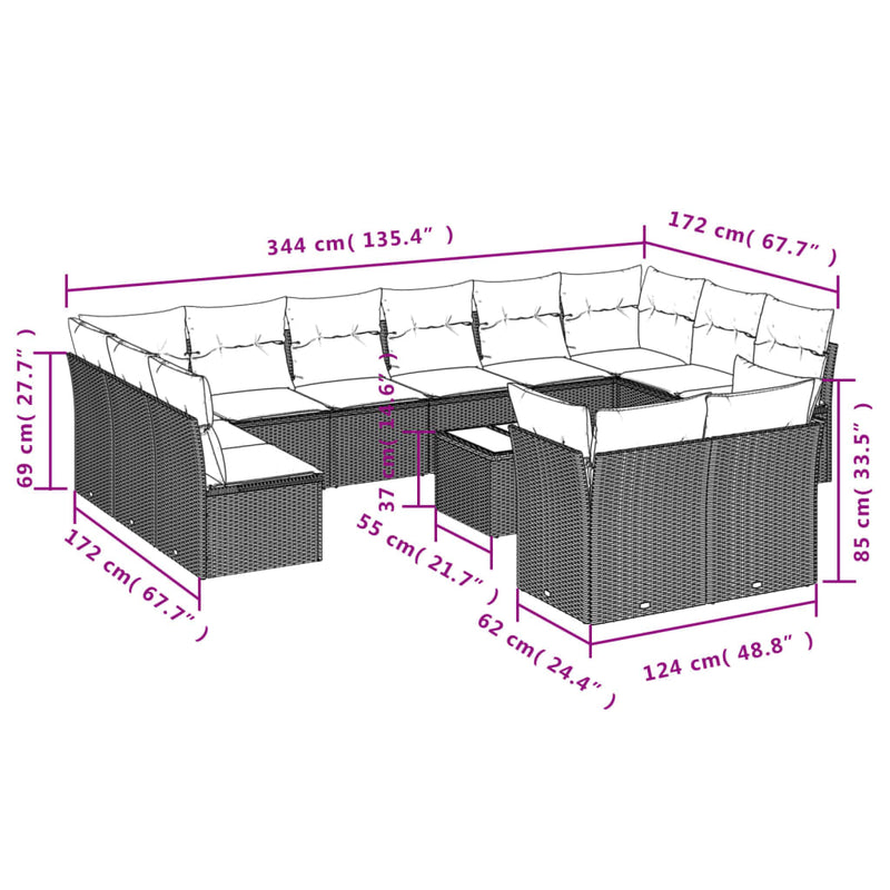 Set mobilier de grădină cu perne, 13 piese, negru, poliratan