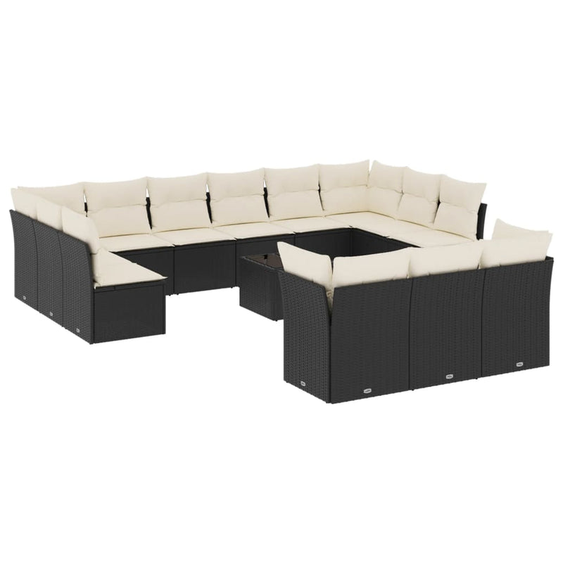 Set mobilier de grădină cu perne, 14 piese, negru, poliratan