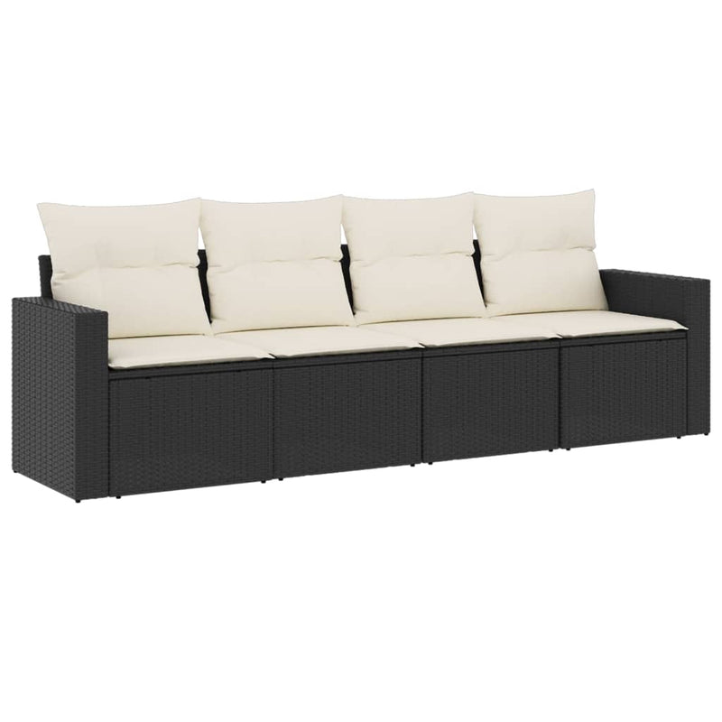 Set mobilier de grădină cu perne, 4 piese, negru, poliratan