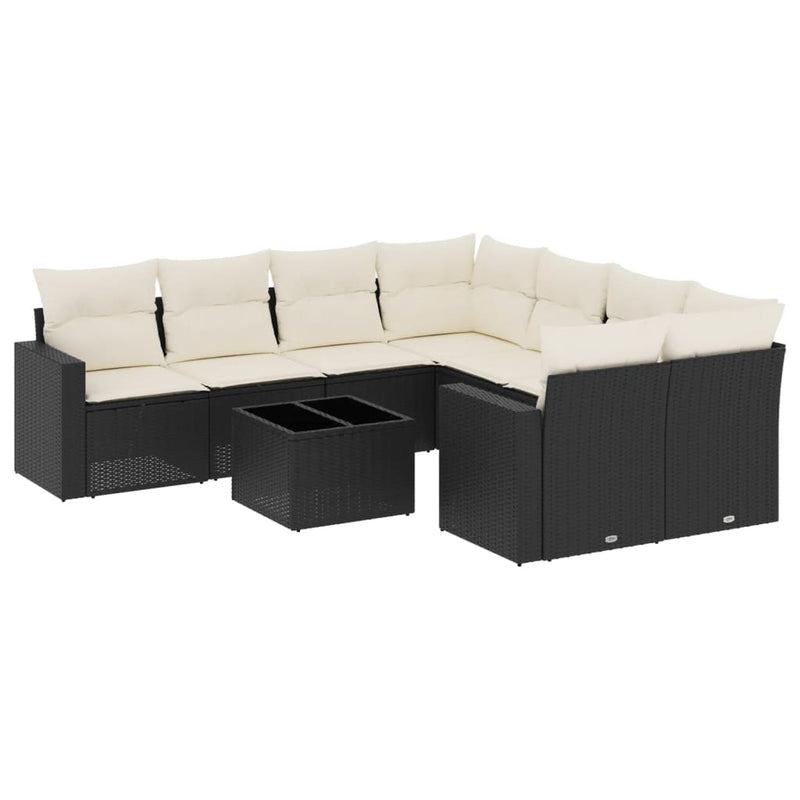 Set mobilier de grădină cu perne, 9 piese, negru, poliratan