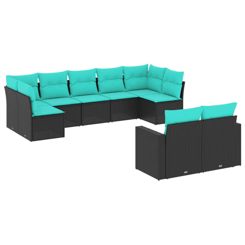 Set mobilier de grădină cu perne, 9 piese, negru, poliratan