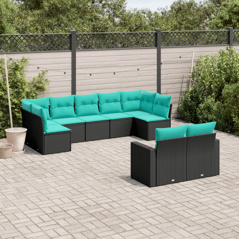 Set mobilier de grădină cu perne, 9 piese, negru, poliratan