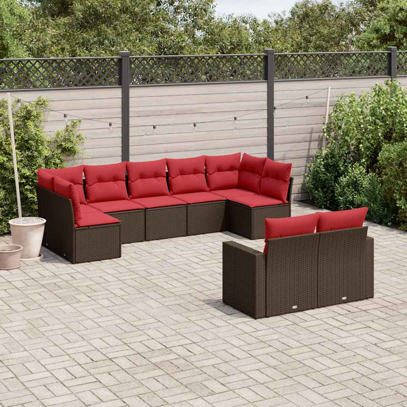 Set canapele de grădină cu perne, 9 piese, maro, poliratan