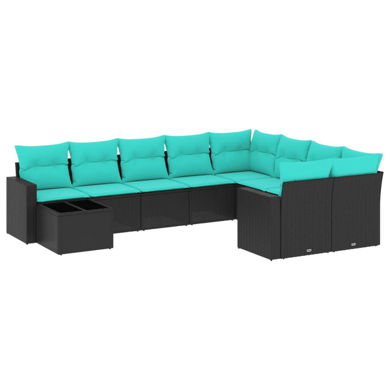 Set canapele de grădină cu perne, 10 piese, negru, poliratan