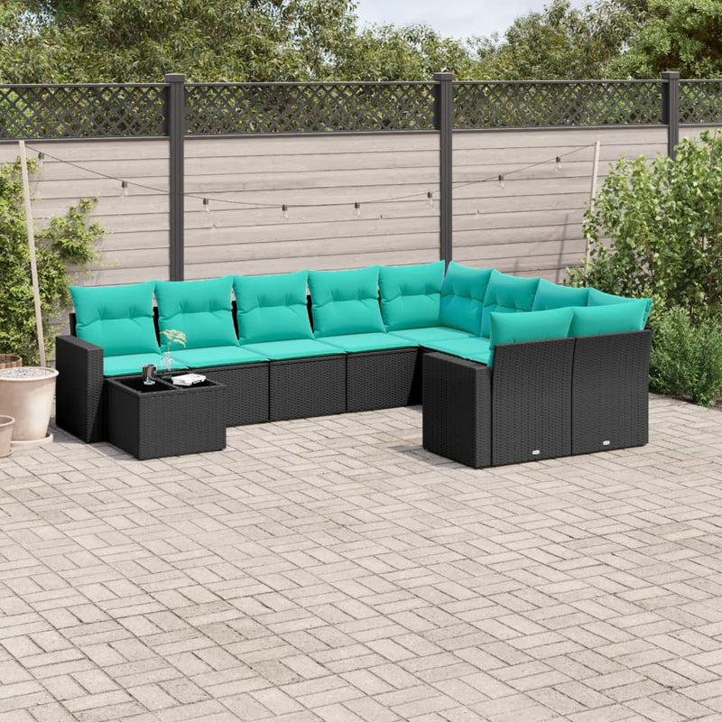 Set canapele de grădină cu perne, 10 piese, negru, poliratan