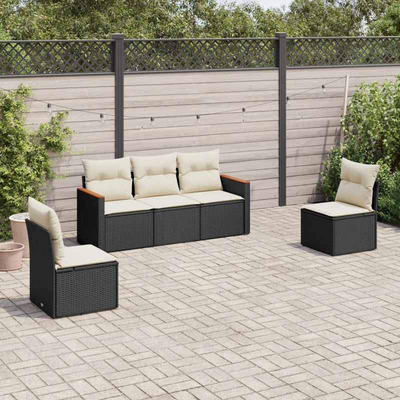 Set mobilier de grădină cu perne, 5 piese, negru, poliratan
