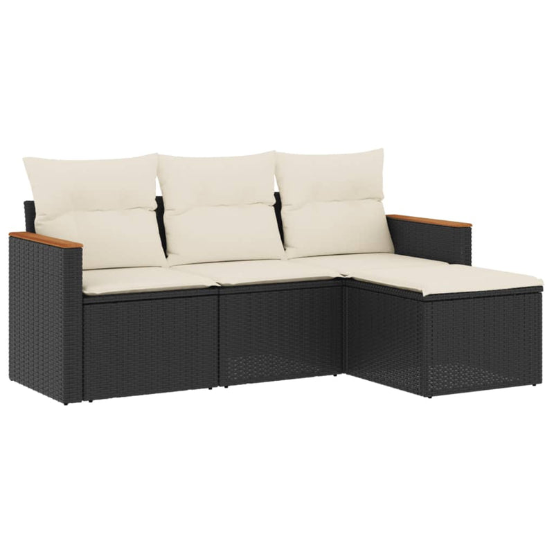 Set mobilier de grădină cu perne, 4 piese, negru, poliratan