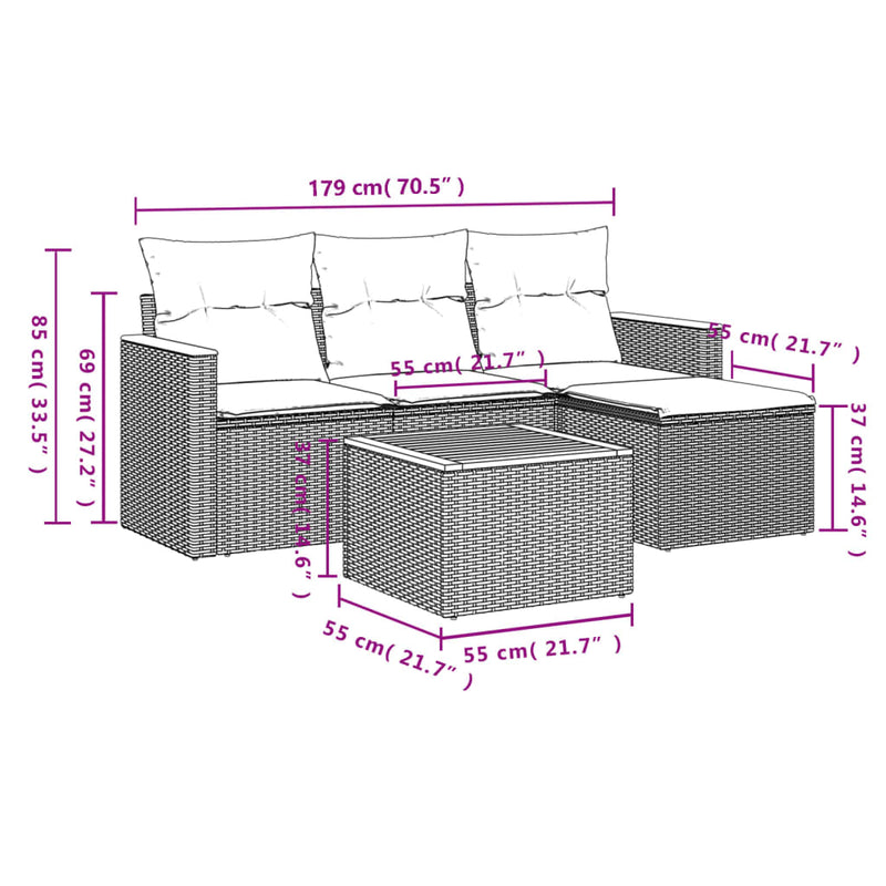 Set mobilier de grădină cu perne, 5 piese, negru, poliratan