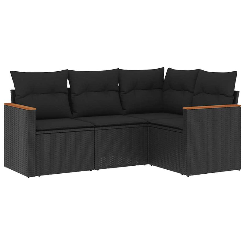 Set mobilier de grădină cu perne, 4 piese, negru, poliratan