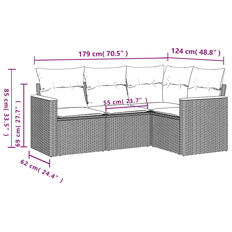 Set mobilier de grădină cu perne, 4 piese, negru, poliratan