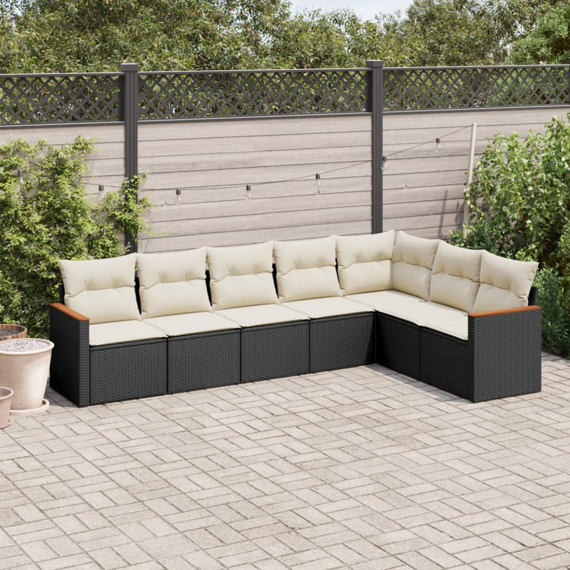 Set canapele de grădină cu perne, 7 piese, negru, poliratan