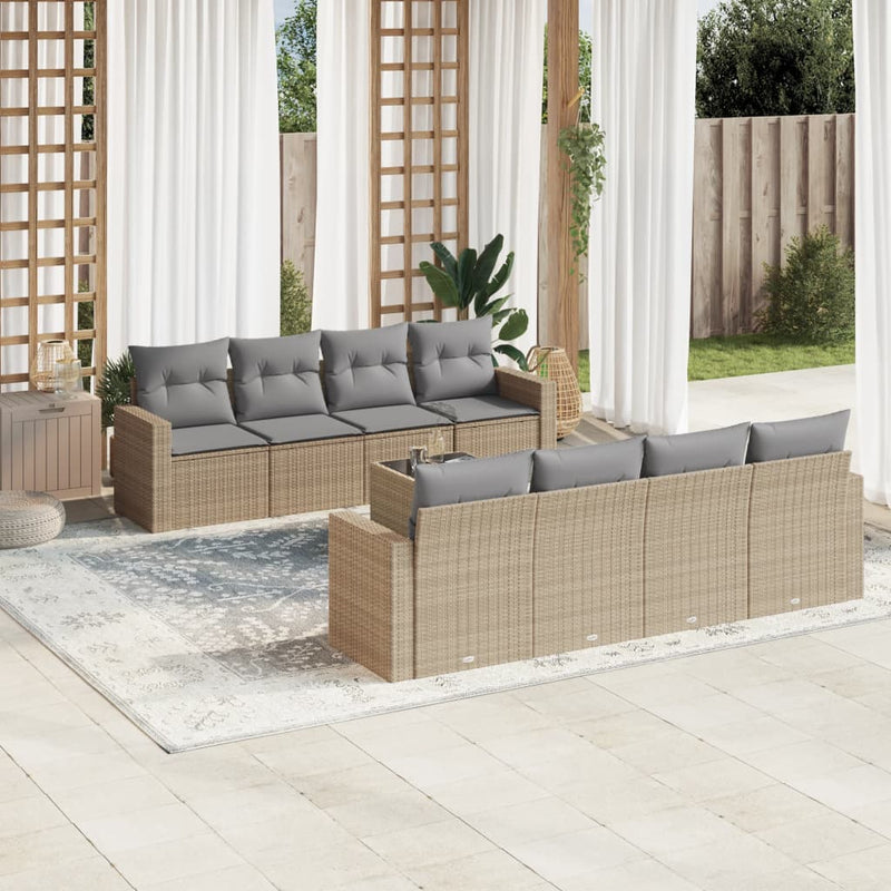 Set canapele de grădină, 9 piese, cu perne, bej, poliratan
