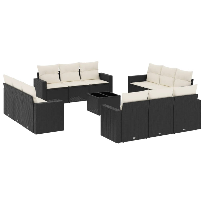 Set mobilier de grădină cu perne, 13 piese, negru, poliratan