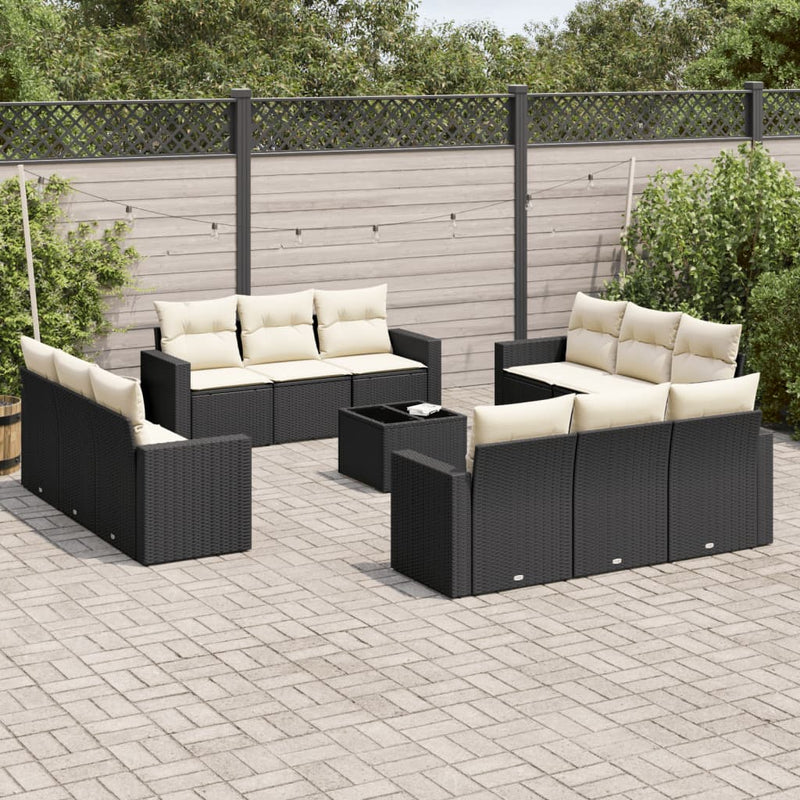 Set mobilier de grădină cu perne, 13 piese, negru, poliratan