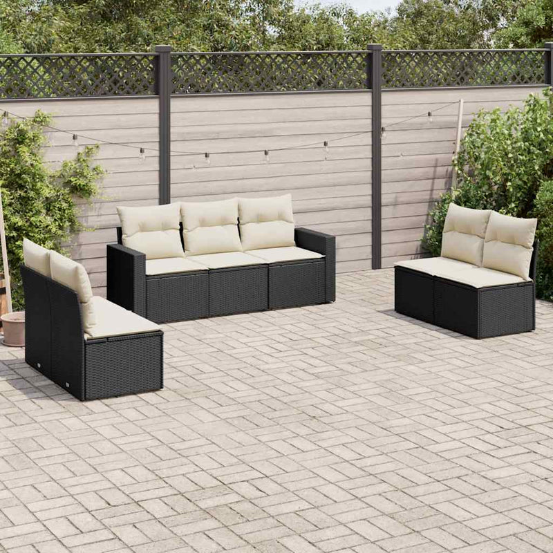 Set canapele de grădină cu perne, 7 piese, negru, poliratan
