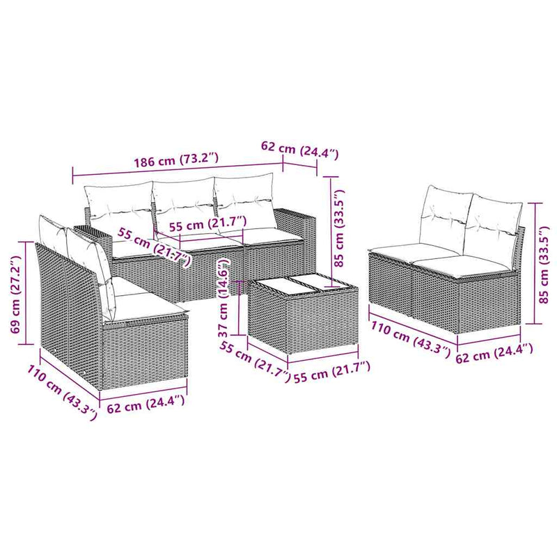 Set mobilier de grădină cu perne, 8 piese, negru, poliratan