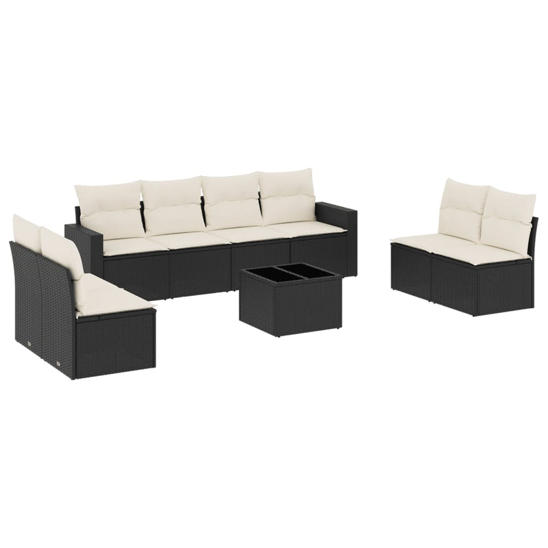 Set mobilier de grădină cu perne, 9 piese, negru, poliratan