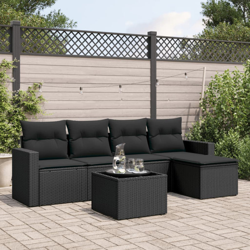 Set mobilier de grădină cu perne, 6 piese, negru, poliratan