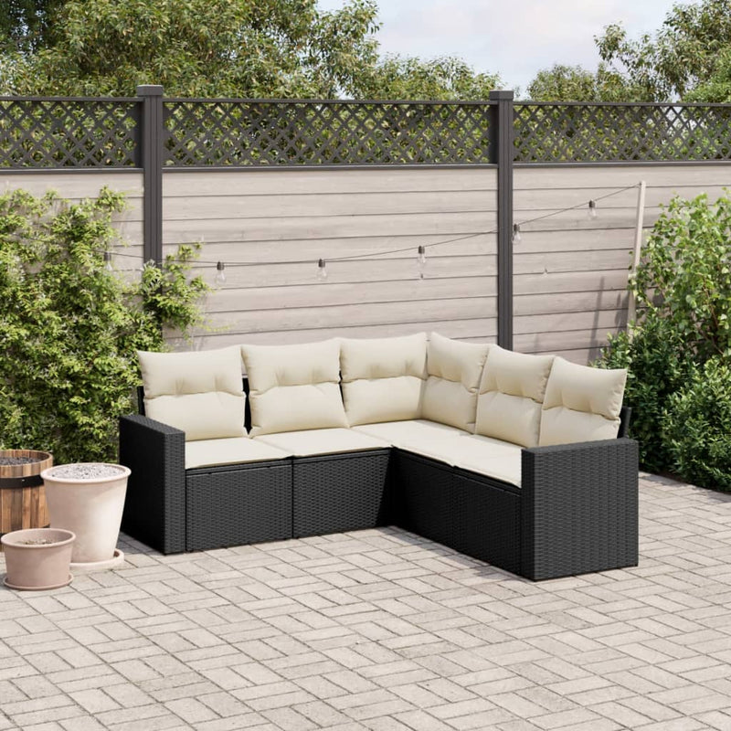 Set mobilier de grădină cu perne, 5 piese, negru, poliratan