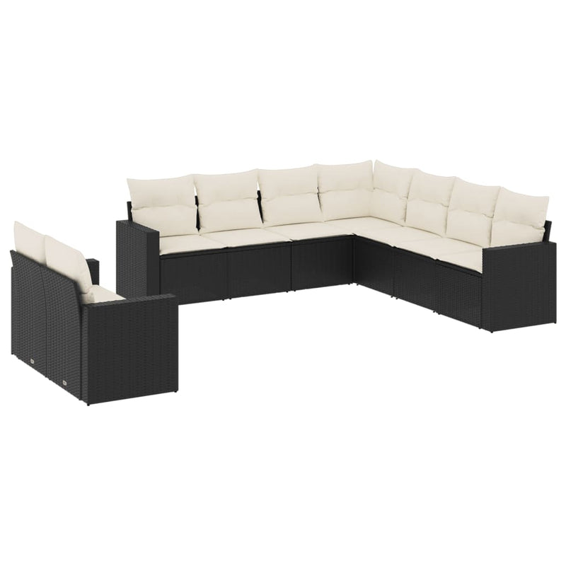 Set mobilier de grădină cu perne, 9 piese, negru, poliratan