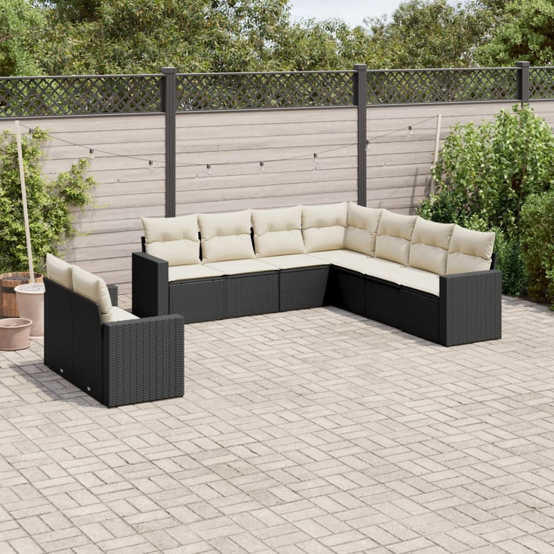 Set mobilier de grădină cu perne, 9 piese, negru, poliratan