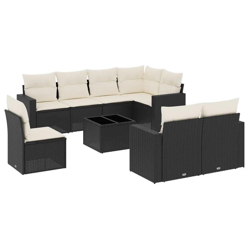 Set mobilier de grădină cu perne, 9 piese, negru, poliratan