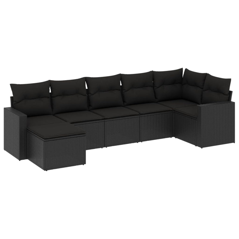 Set canapele de grădină cu perne, 7 piese, negru, poliratan
