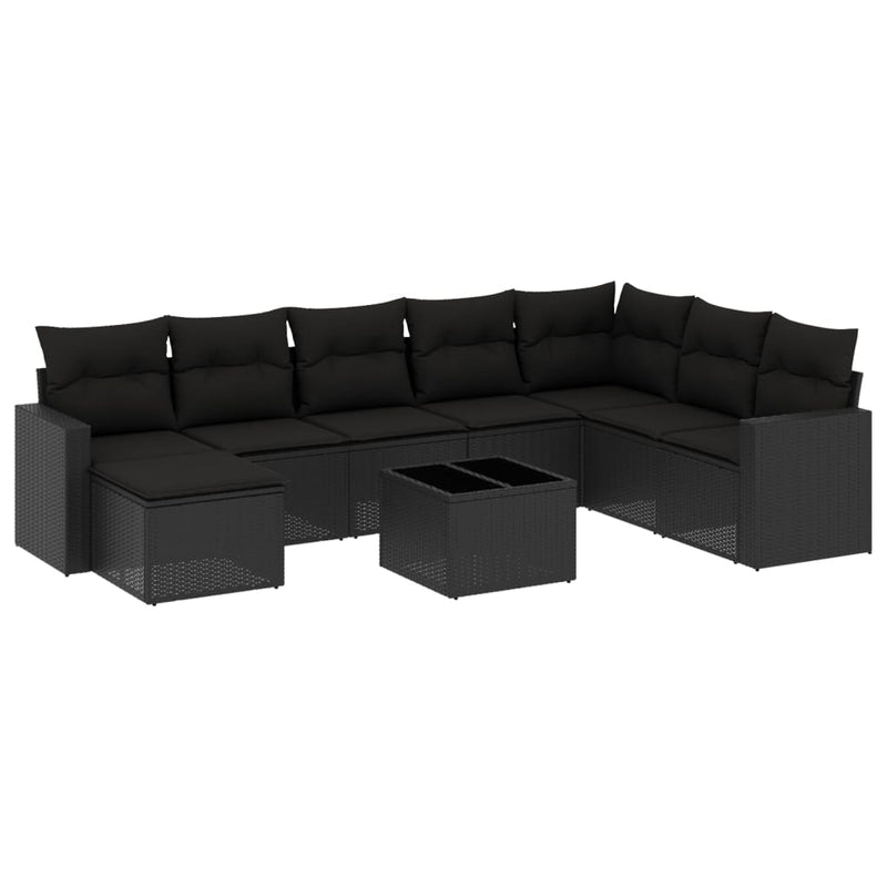 Set mobilier de grădină cu perne, 9 piese, negru, poliratan