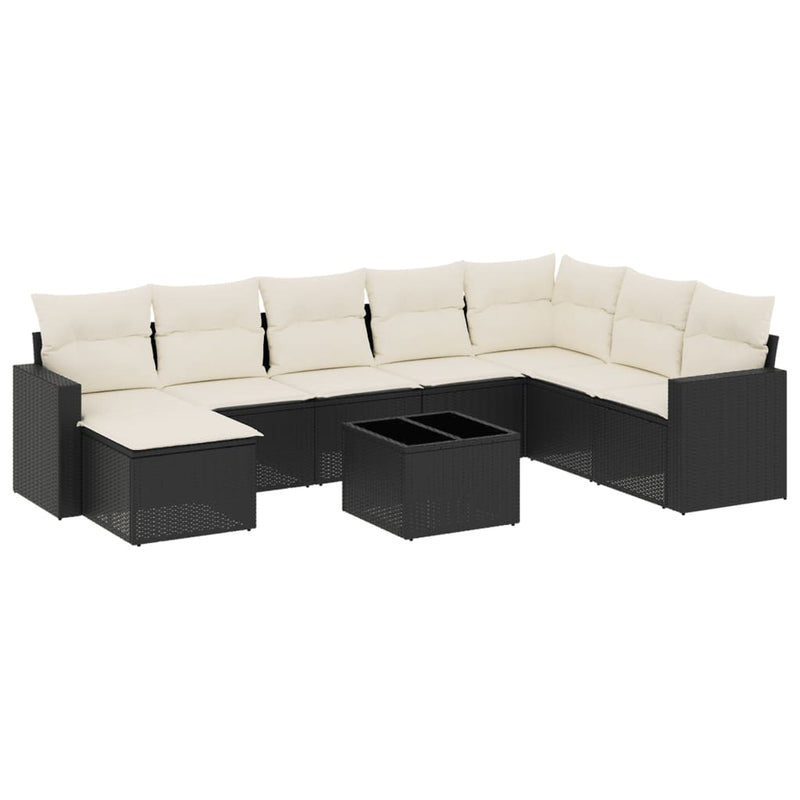 Set mobilier de grădină cu perne, 9 piese, negru, poliratan