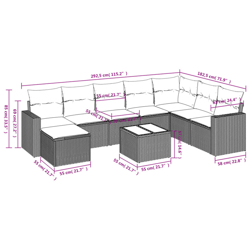 Set mobilier de grădină cu perne, 9 piese, negru, poliratan