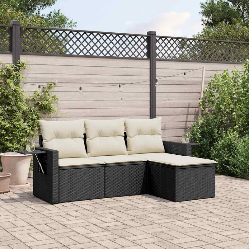 Set mobilier de grădină cu perne, 4 piese, negru, poliratan
