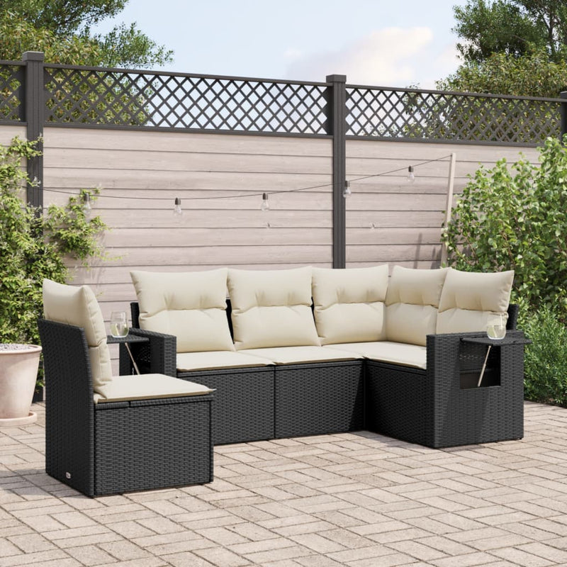 Set mobilier de grădină cu perne, 5 piese, negru, poliratan