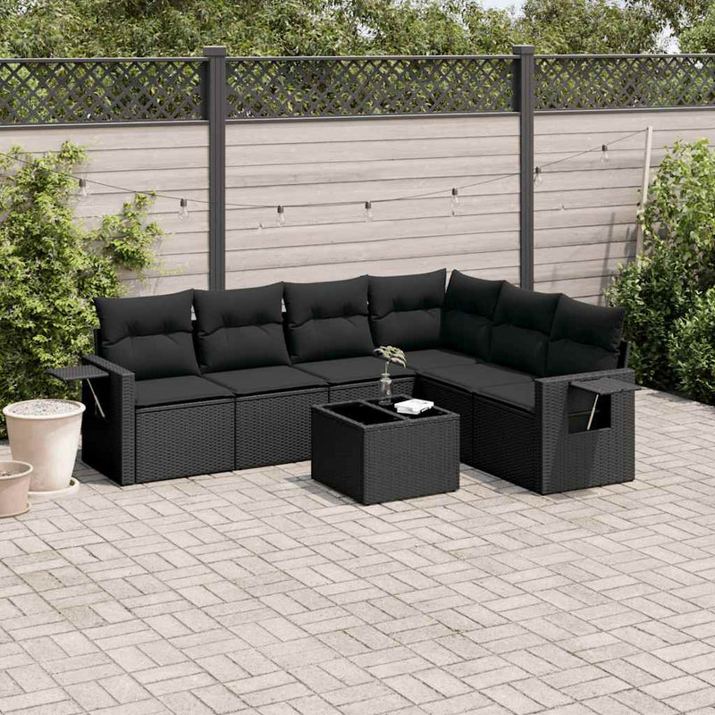 Set canapele de grădină cu perne, 7 piese, negru, poliratan
