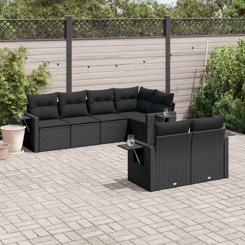 Set canapele de grădină cu perne, 7 piese, negru, poliratan