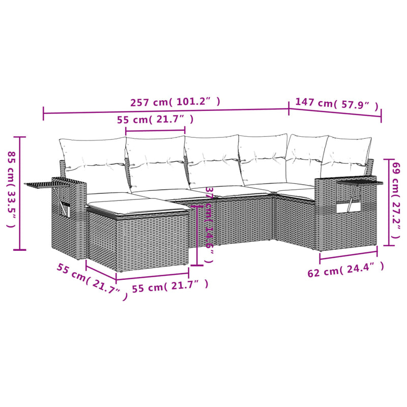 Set mobilier grădină cu perne, 6 piese, gri, poliratan