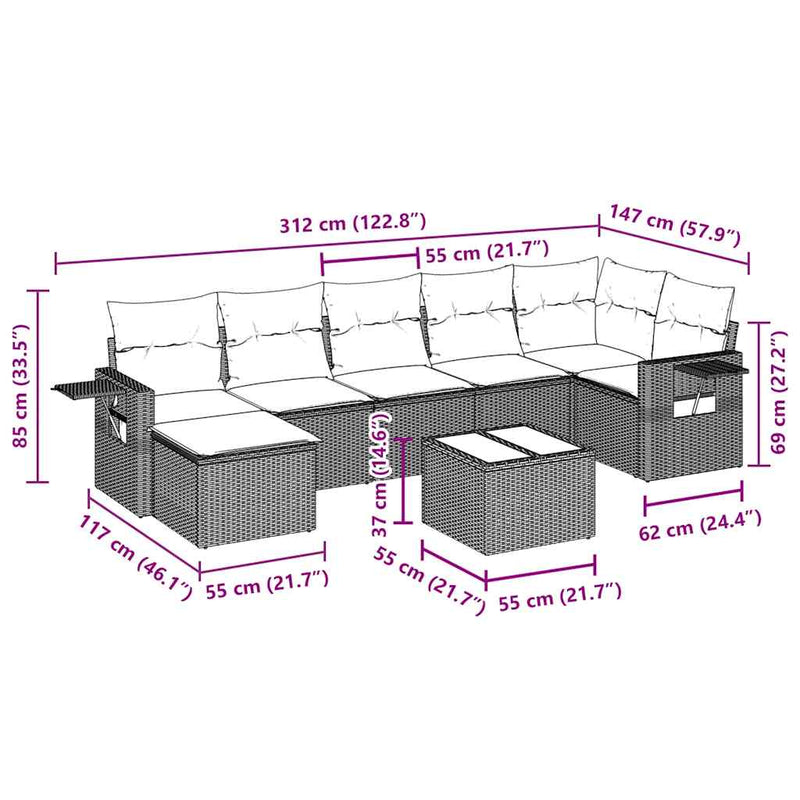 Set mobilier de grădină cu perne, 8 piese, negru, poliratan