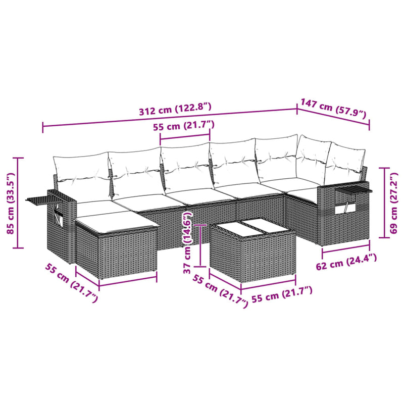 Set mobilier de grădină cu perne, 8 piese gri deschis poliratan