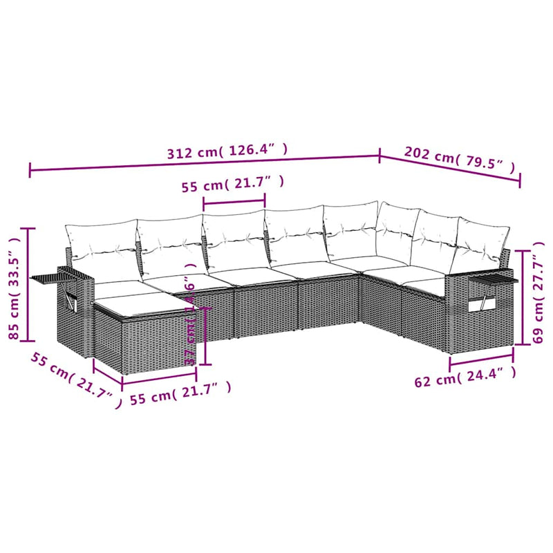 Set mobilier de grădină cu perne, 8 piese, negru, poliratan