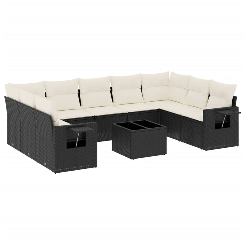 Set canapele de grădină cu perne, 10 piese, negru, poliratan