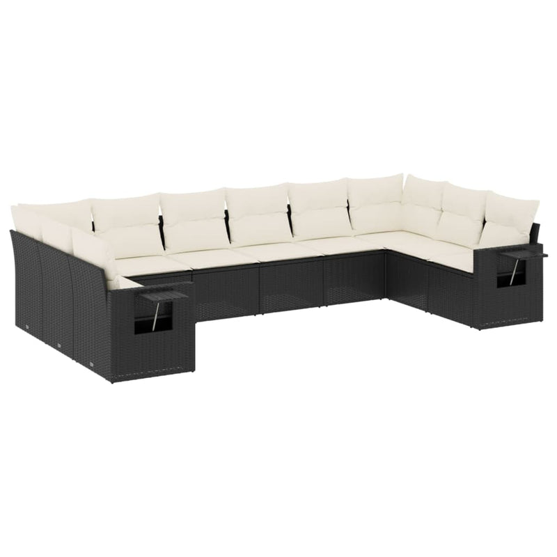 Set canapele de grădină cu perne, 10 piese, negru, poliratan