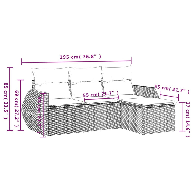 Set mobilier de grădină cu perne, 4 piese, negru, poliratan