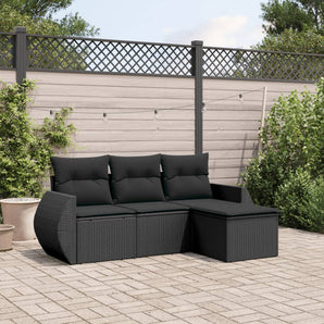 Set mobilier de grădină cu perne, 4 piese, negru, poliratan