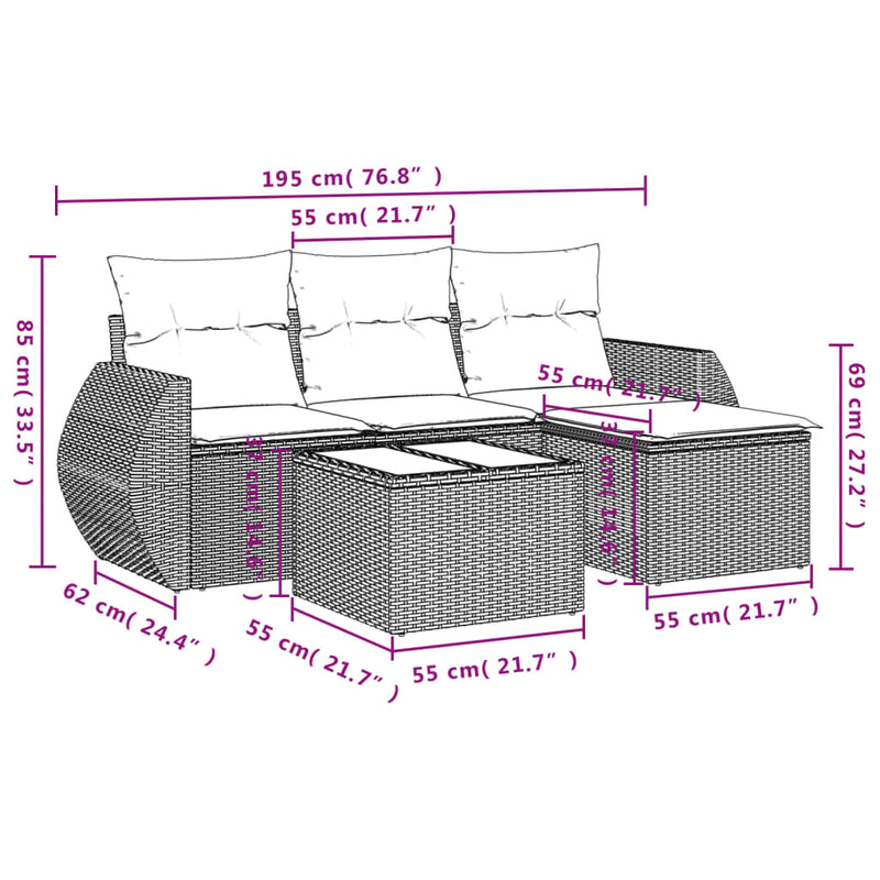 Set mobilier de grădină cu perne, 5 piese, negru, poliratan