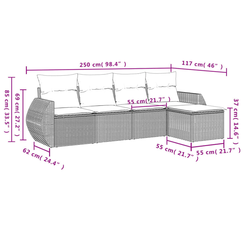 Set canapea de grădină cu perne, 5 piese, gri, poliratan