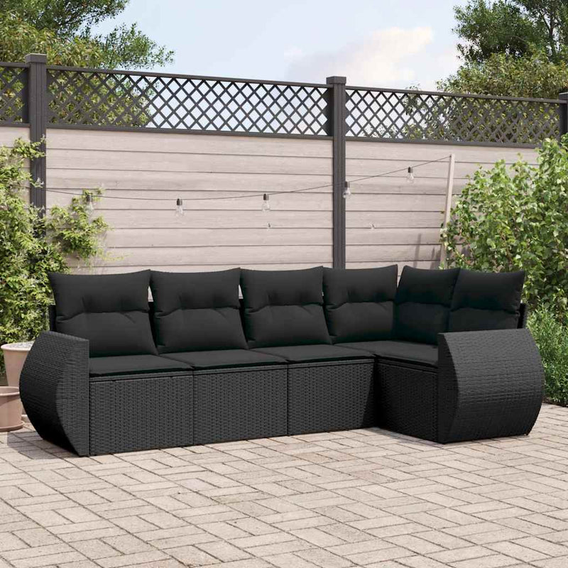 Set mobilier de grădină cu perne, 5 piese, negru, poliratan