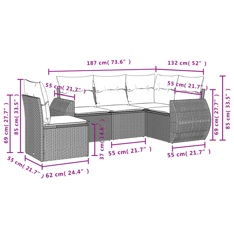 Set mobilier de grădină cu perne, 5 piese, negru, poliratan