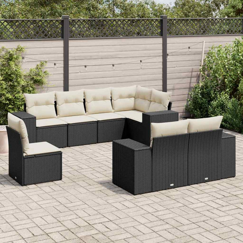 Set mobilier de grădină cu perne, 8 piese, negru, poliratan